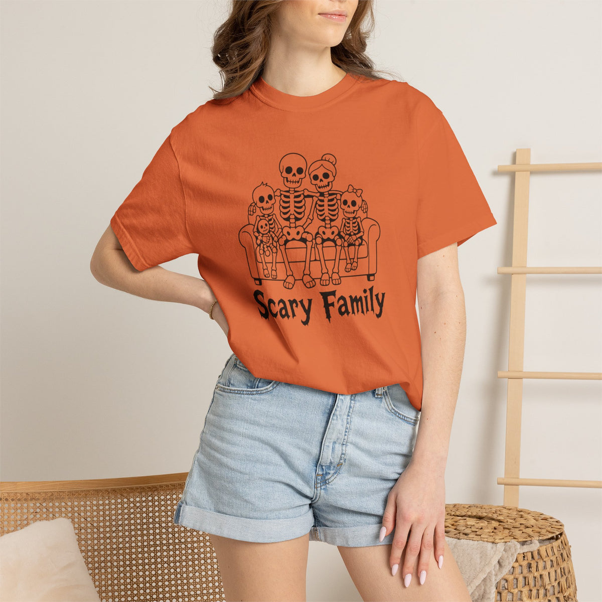 Scary Family Skeleton Tee — Halloween Orange Graphic T-Shirt