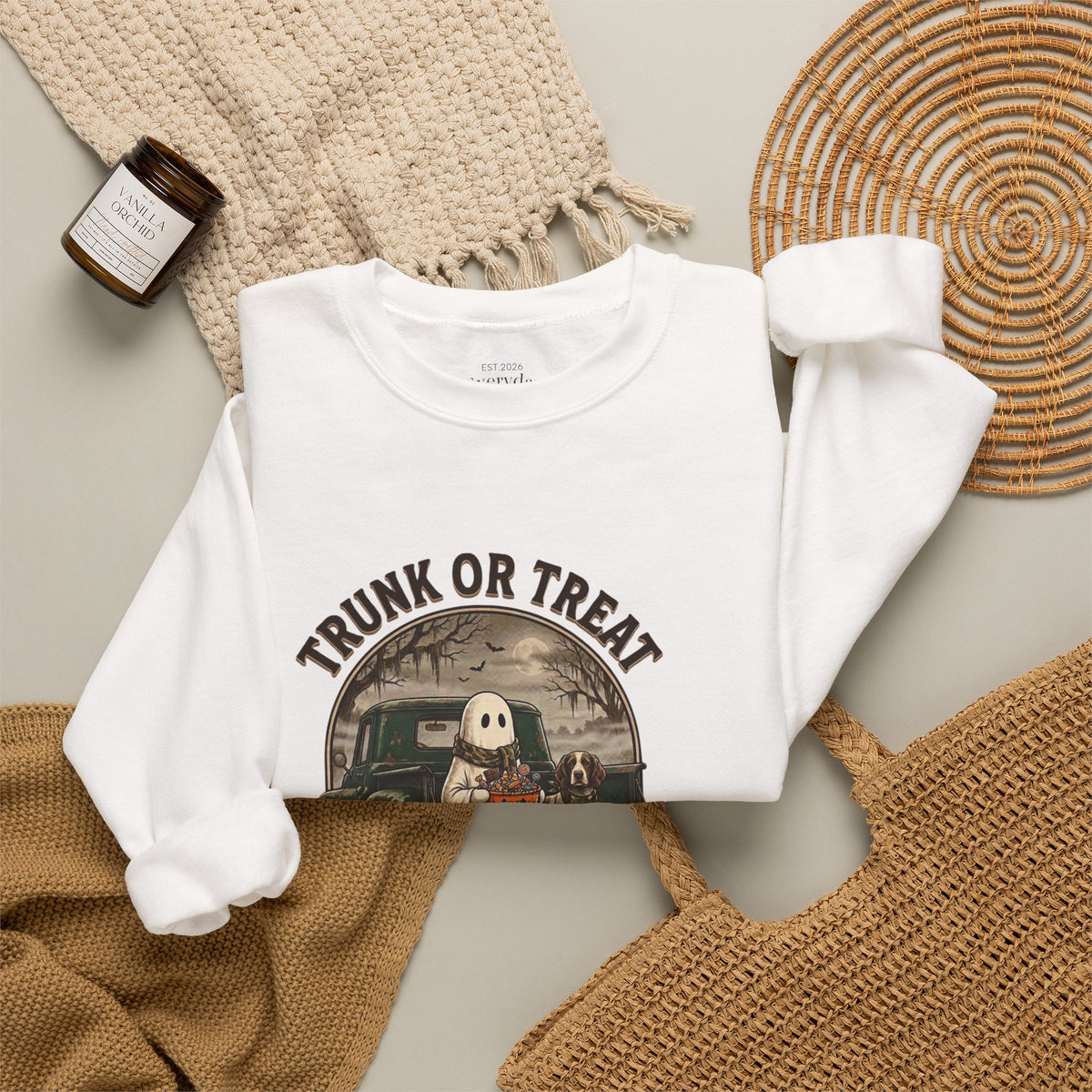 Halloween Trunk or Treat Crewneck Sweatshirt — Cute Ghost Pumpkin Graphic