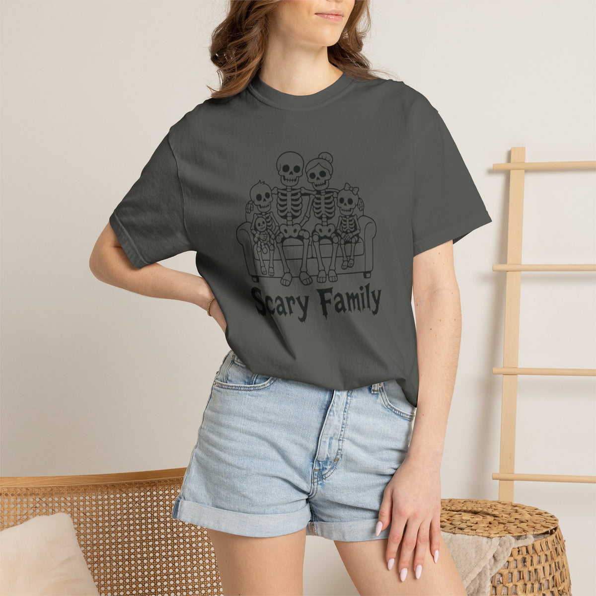 Scary Family Skeleton Tee — Halloween Orange Graphic T-Shirt