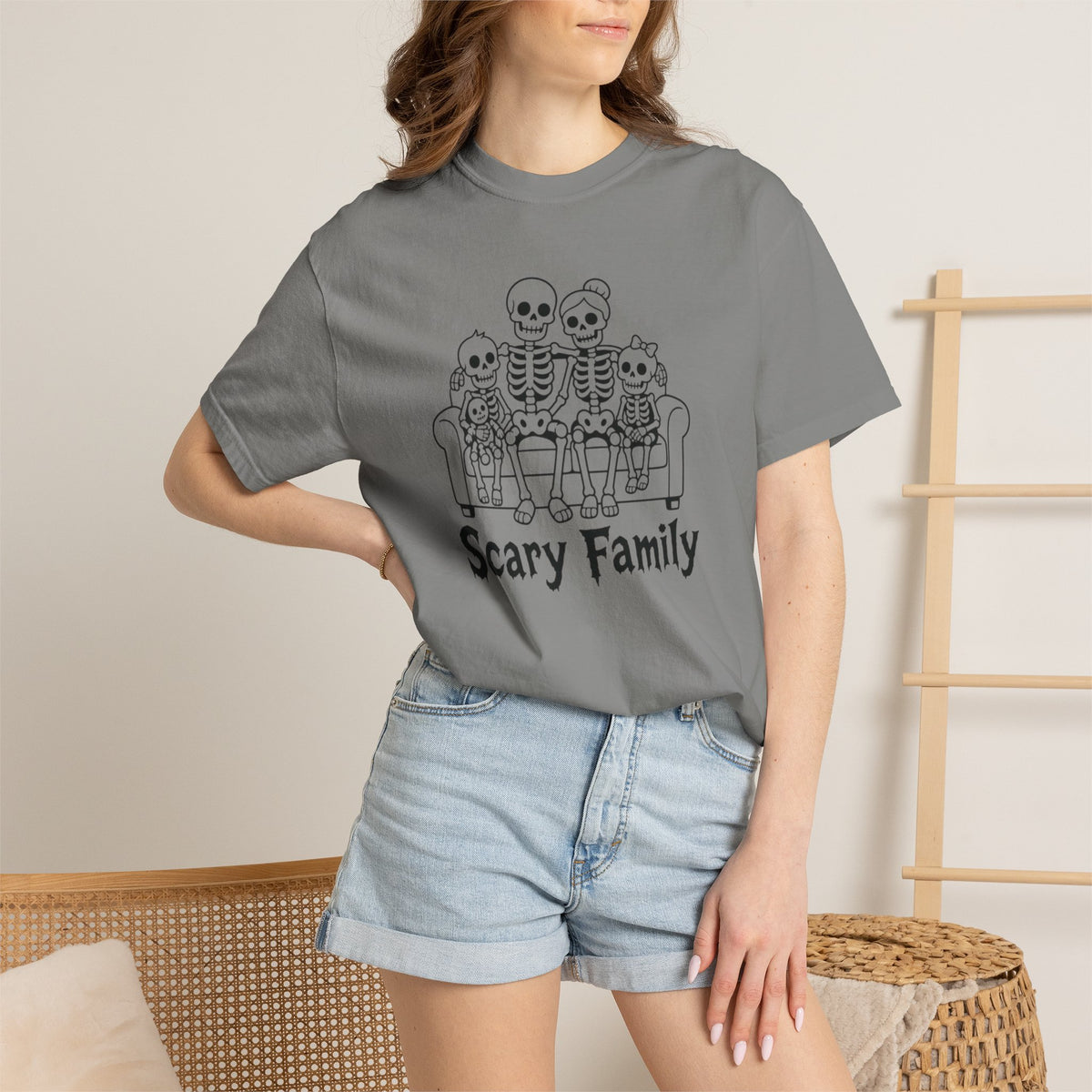 Scary Family Skeleton Tee — Halloween Orange Graphic T-Shirt