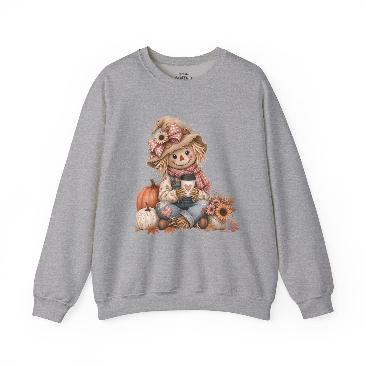 Fall Scarecrow Crewneck Sweatshirt — Cute Pumpkin & Sunflower Autumn Design