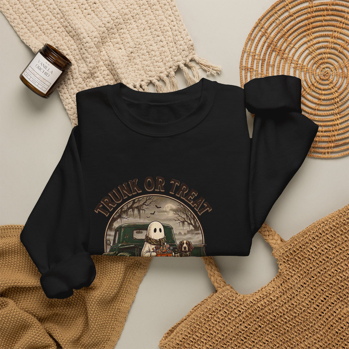 Halloween Trunk or Treat Crewneck Sweatshirt — Cute Ghost Pumpkin Graphic