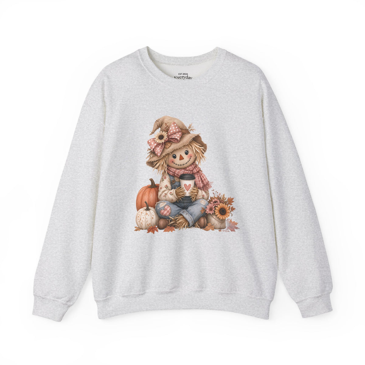 Fall Scarecrow Crewneck Sweatshirt — Cute Pumpkin & Sunflower Autumn Design