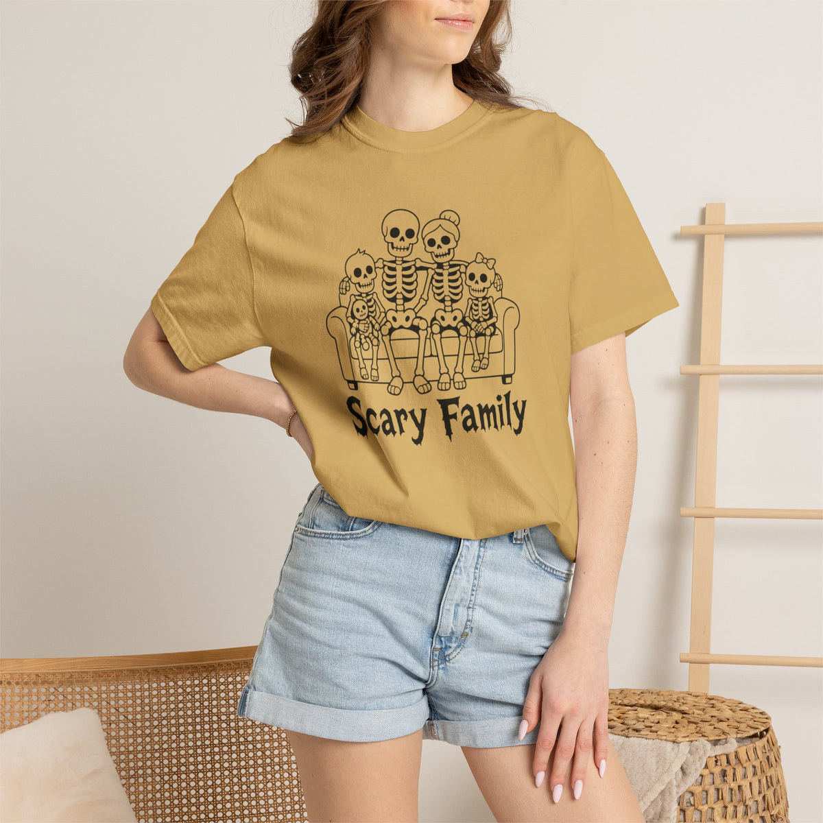 Scary Family Skeleton Tee — Halloween Orange Graphic T-Shirt