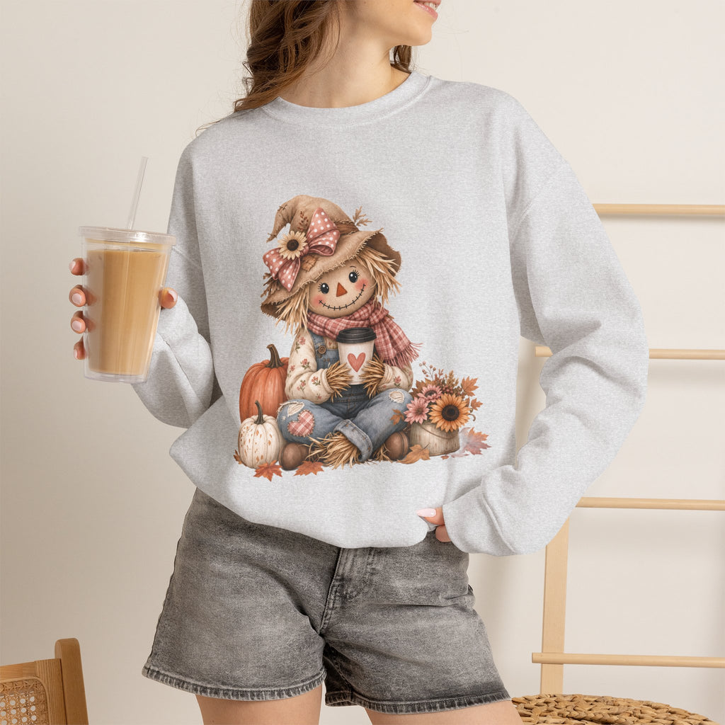 Fall Scarecrow Crewneck Sweatshirt — Cute Pumpkin & Sunflower Autumn Design
