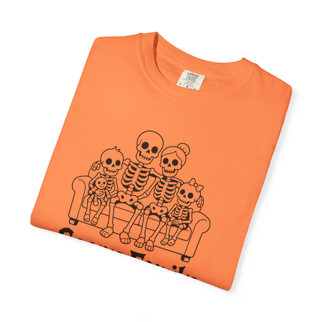 Scary Family Skeleton Tee — Halloween Orange Graphic T-Shirt