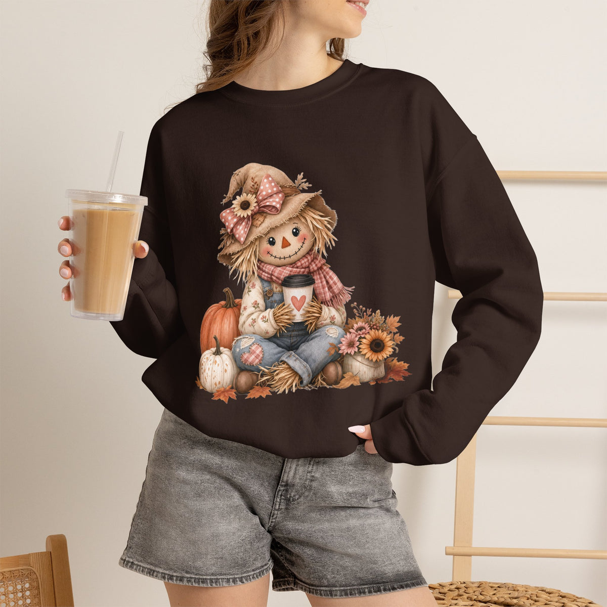 Fall Scarecrow Crewneck Sweatshirt — Cute Pumpkin & Sunflower Autumn Design