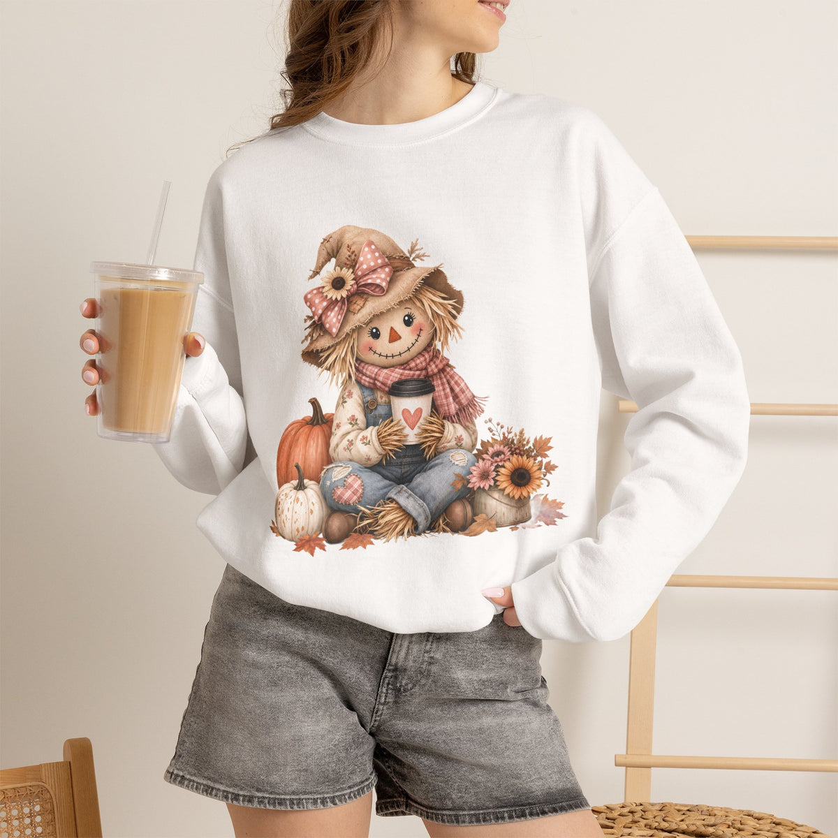 Fall Scarecrow Crewneck Sweatshirt — Cute Pumpkin & Sunflower Autumn Design