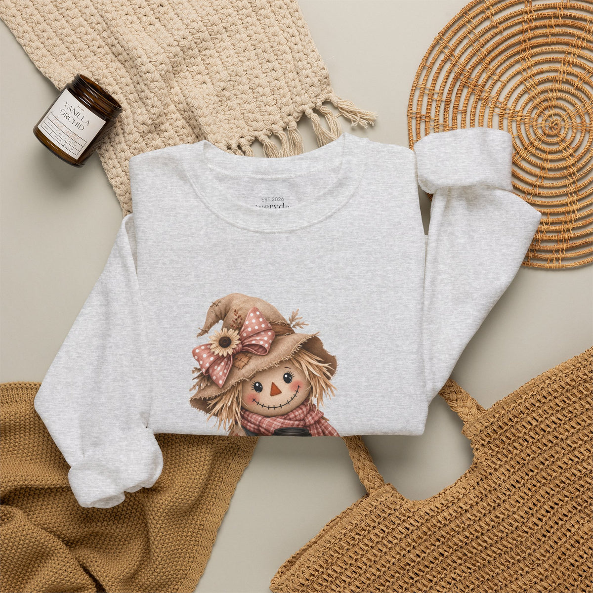 Fall Scarecrow Crewneck Sweatshirt — Cute Pumpkin & Sunflower Autumn Design