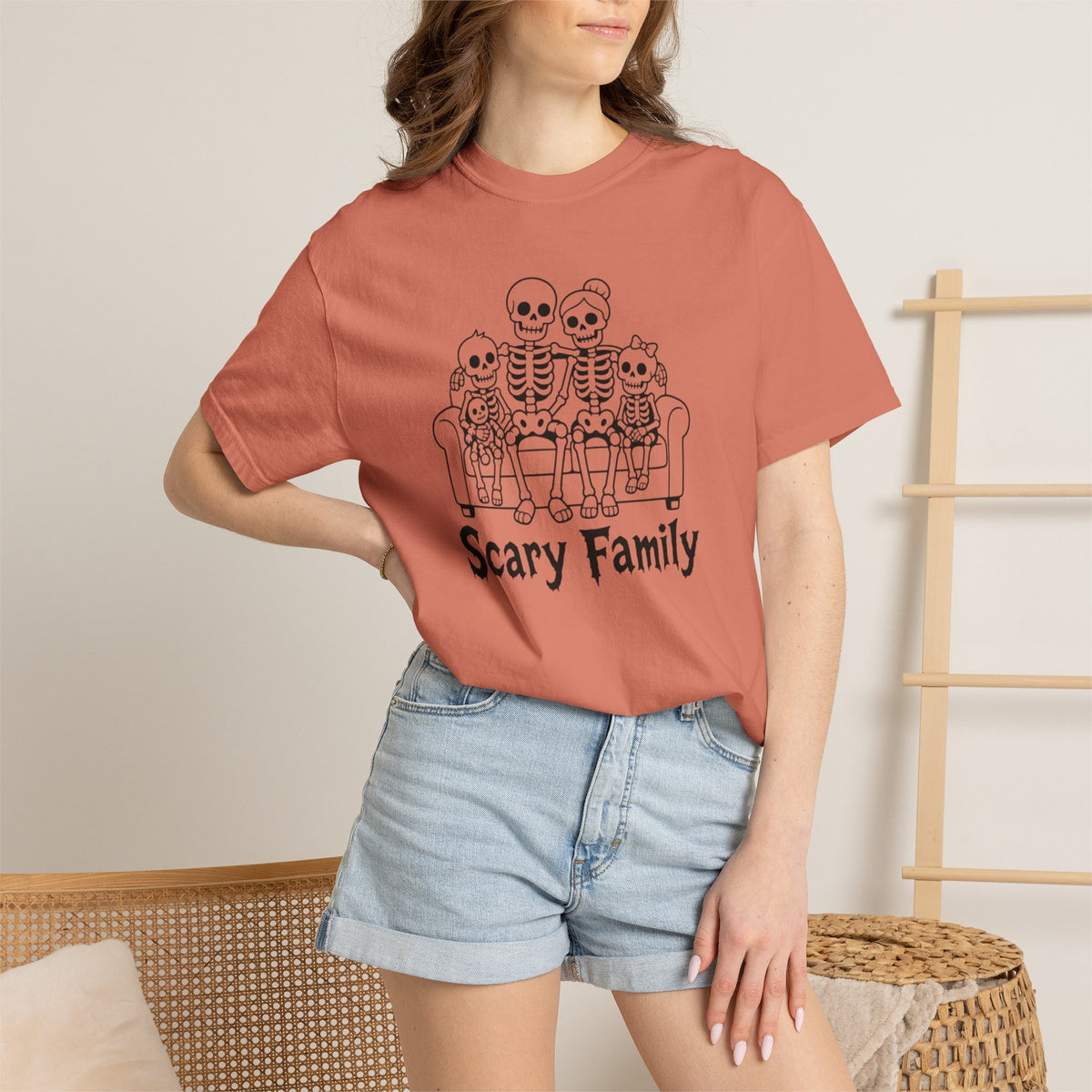 Scary Family Skeleton Tee — Halloween Orange Graphic T-Shirt