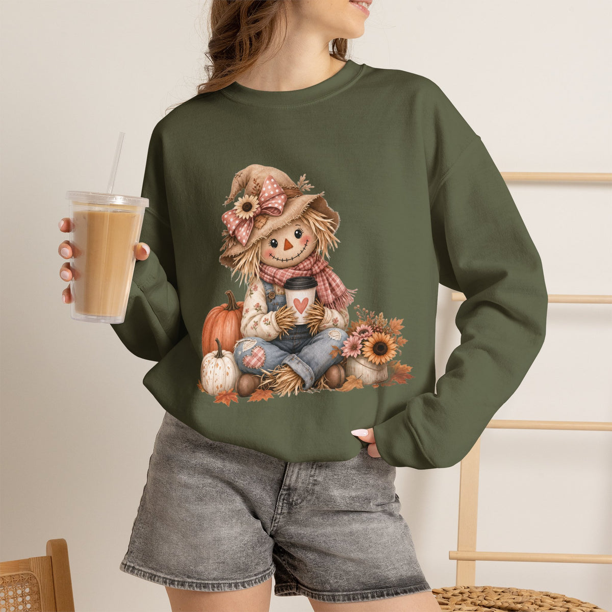 Fall Scarecrow Crewneck Sweatshirt — Cute Pumpkin & Sunflower Autumn Design