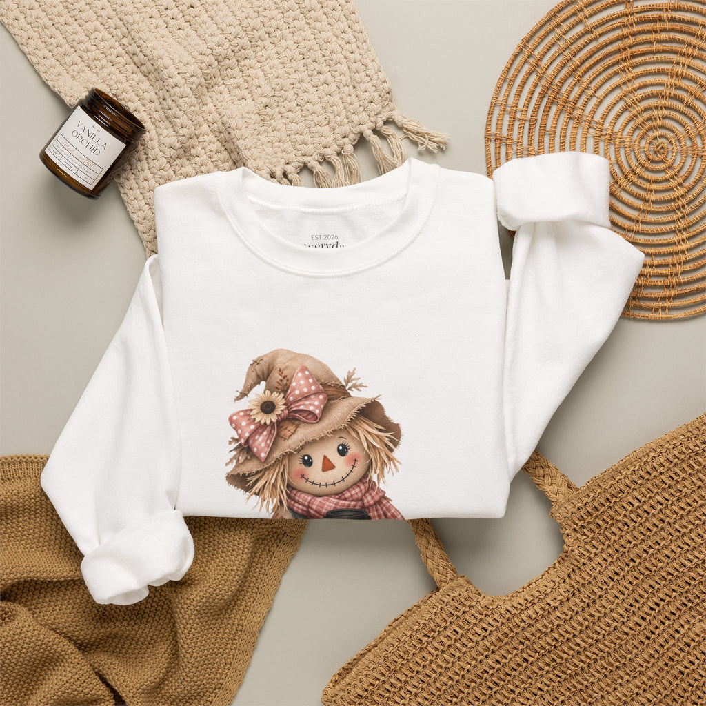 Fall Scarecrow Crewneck Sweatshirt — Cute Pumpkin & Sunflower Autumn Design