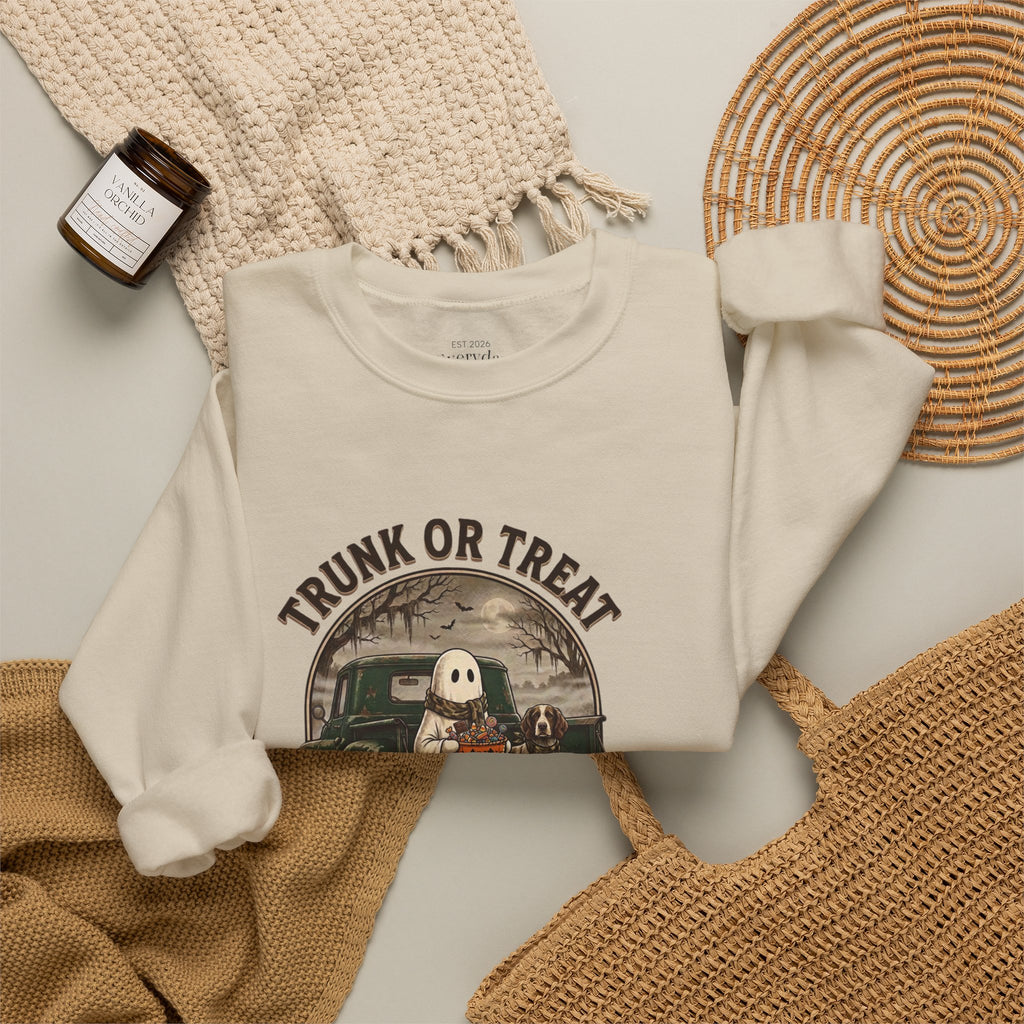 Halloween Trunk or Treat Crewneck Sweatshirt — Cute Ghost Pumpkin Graphic