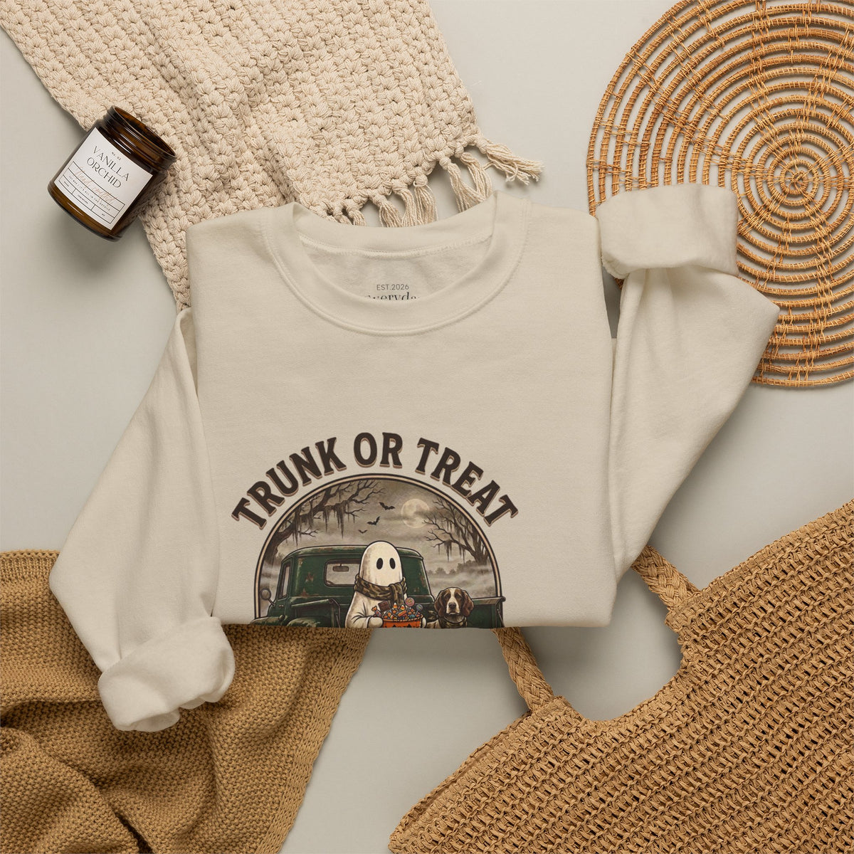 Halloween Trunk or Treat Crewneck Sweatshirt — Cute Ghost Pumpkin Graphic