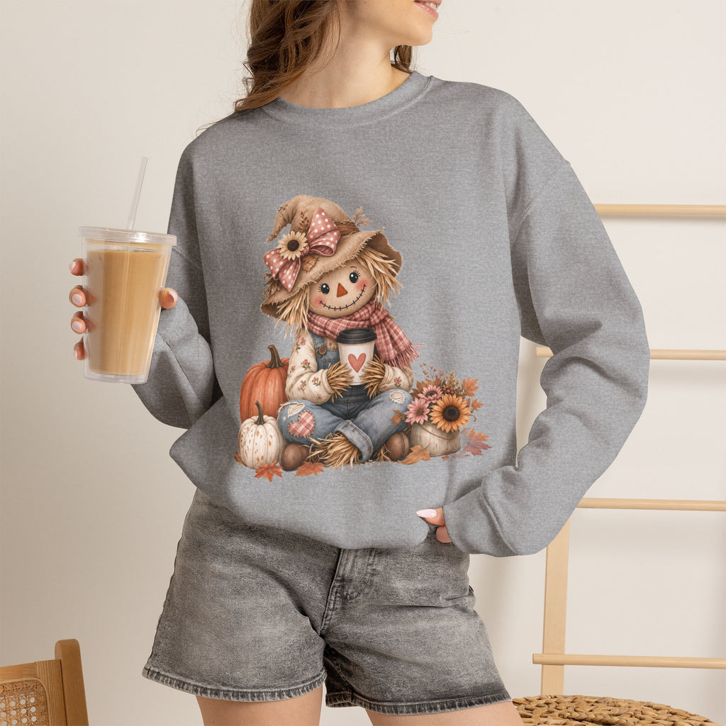 Fall Scarecrow Crewneck Sweatshirt — Cute Pumpkin & Sunflower Autumn Design