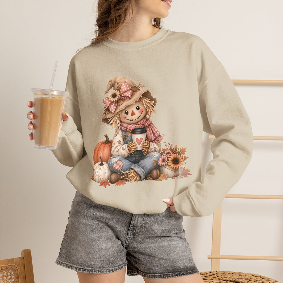 Fall Scarecrow Crewneck Sweatshirt — Cute Pumpkin & Sunflower Autumn Design
