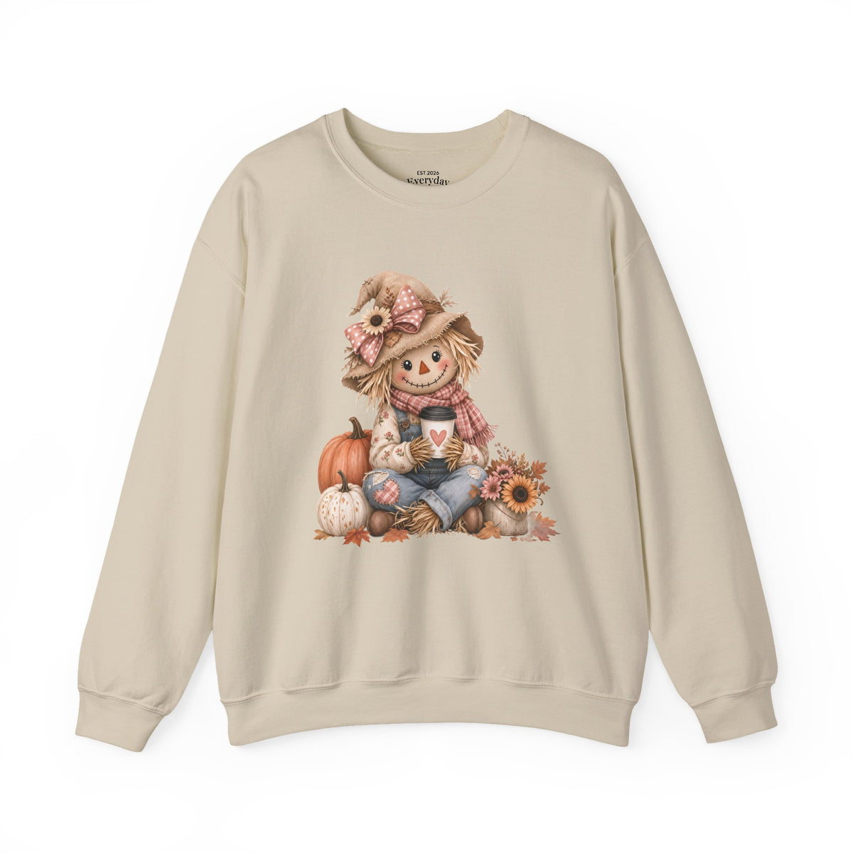 Fall Scarecrow Crewneck Sweatshirt — Cute Pumpkin & Sunflower Autumn Design