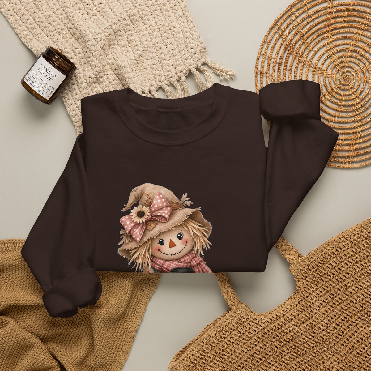 Fall Scarecrow Crewneck Sweatshirt — Cute Pumpkin & Sunflower Autumn Design