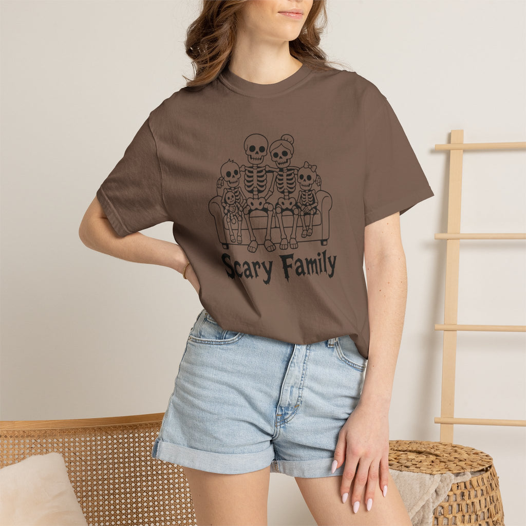 Scary Family Skeleton Tee — Halloween Orange Graphic T-Shirt