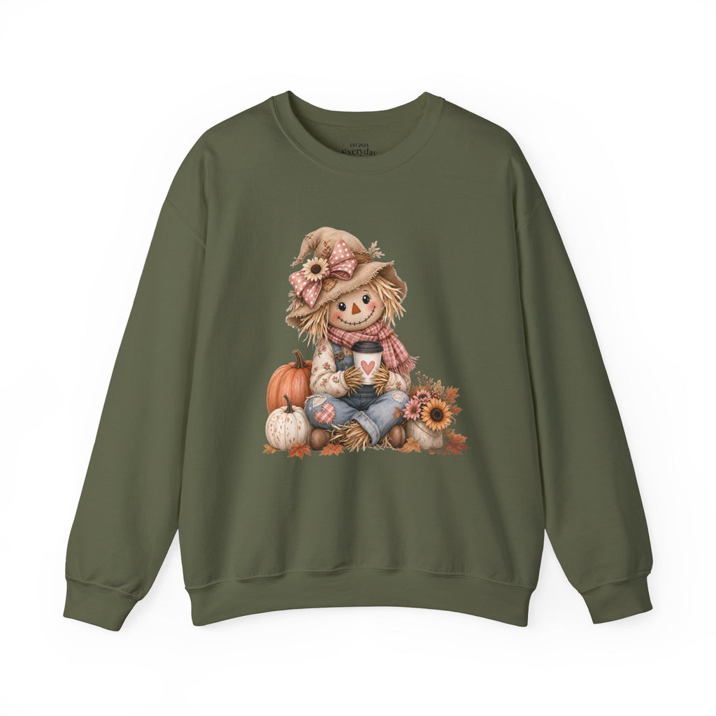 Fall Scarecrow Crewneck Sweatshirt — Cute Pumpkin & Sunflower Autumn Design